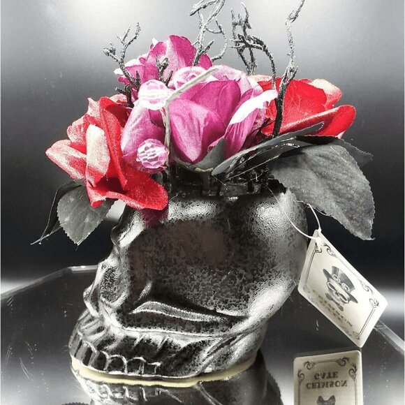 Darksome Gothic Skull Arrangement Floral Red Pink Rose Flower Gems Arrangement - Picture 4 of 8